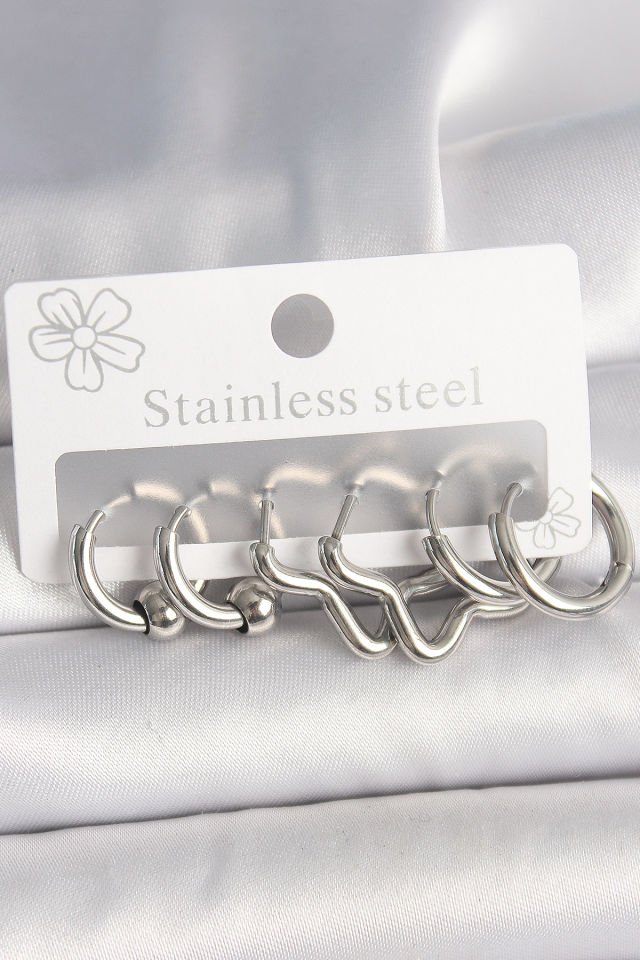 316L Çelik Gümüş Renk Halka Yıldız Model Kadın Küpe Seti