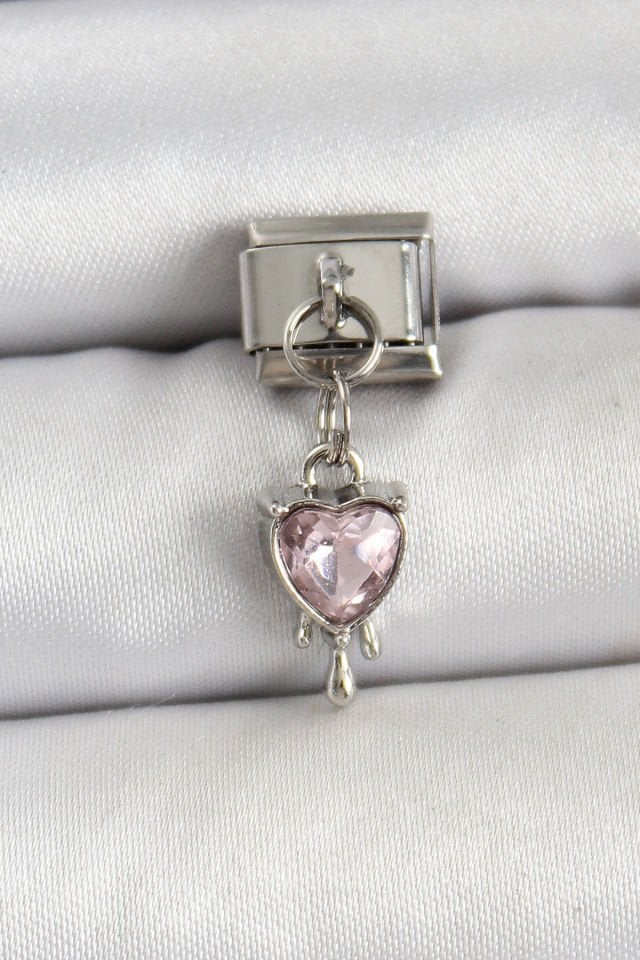 316L Çelik Gümüş Renk Pembe Kalp Model Nomination Charm