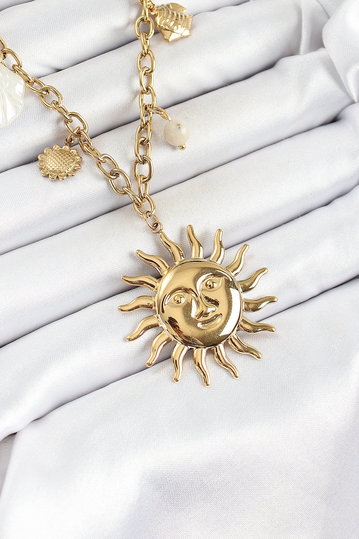 316L Çelik Gold Renk Güneş ve Deniz Kabukları Konsept Kadın Kolye