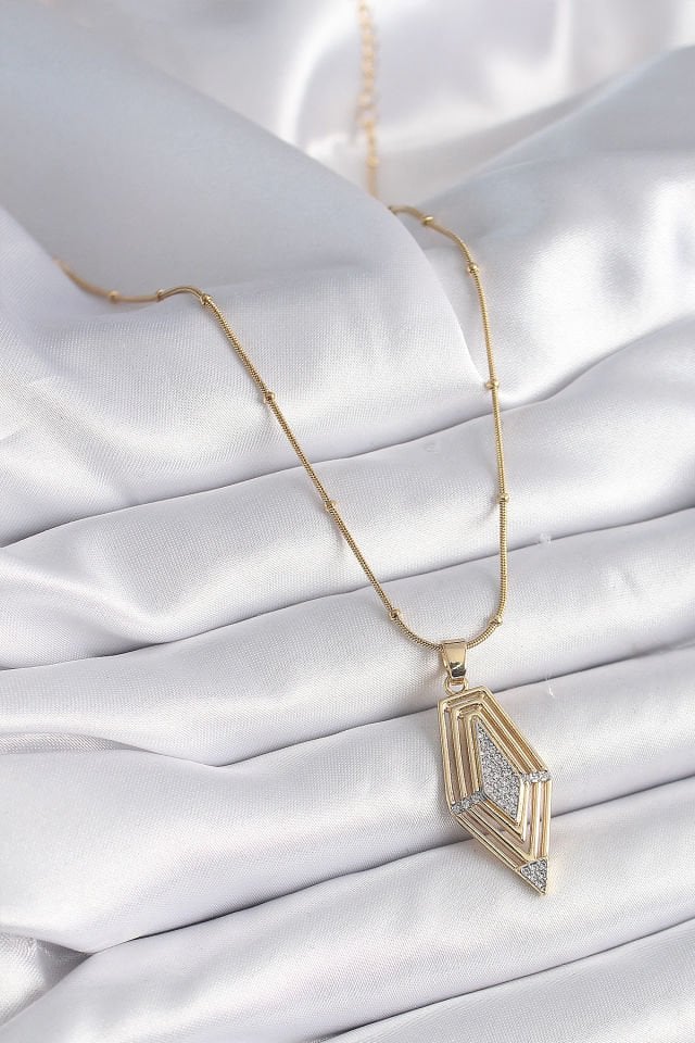Gold Zirkon Taşlı Vintage  Kadın Kolye - 316L Çelik