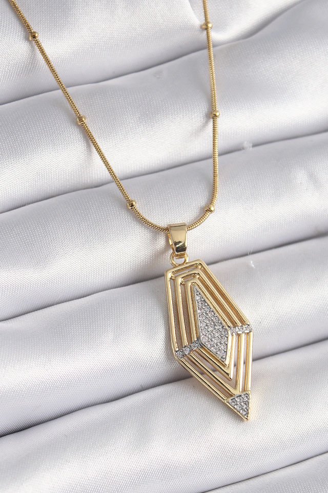 Gold Zirkon Taşlı Vintage  Kadın Kolye - 316L Çelik