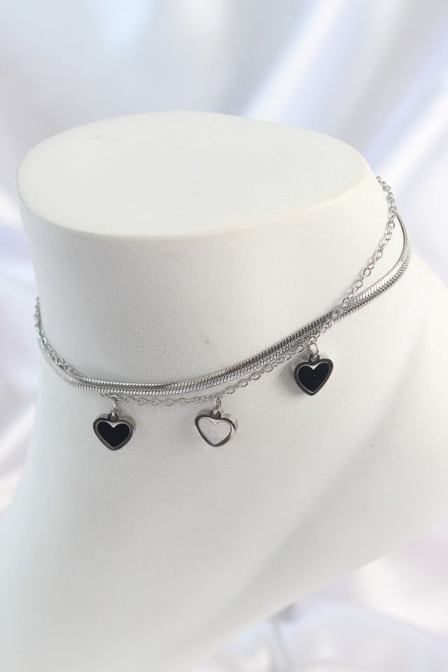 316L Çelik Gümüş Renk 2'Li İtalyan Zincir Model Sallantı Kalp Model Kadın Halhal