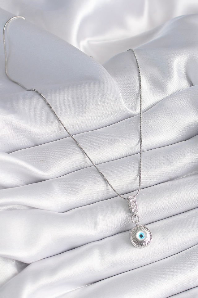 Gümüş Zirkon Taşlı Nazar Boncuk Kadın Kolye - 316L Çelik