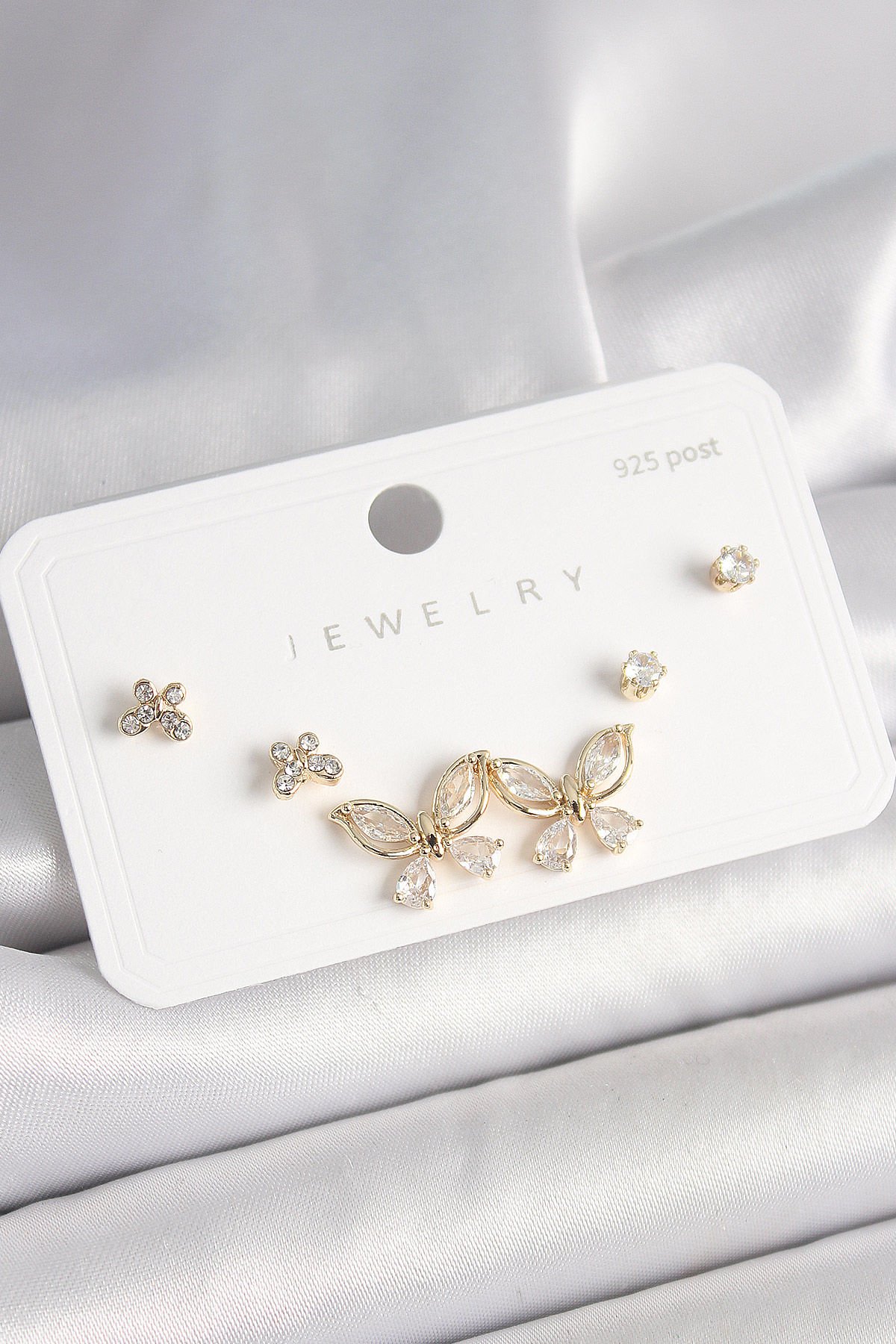 925 Ayar Çivi Gümüş Pirinç Gold Renk Zirkon Taşlı Kelebek Model Kadın Küpe Seti