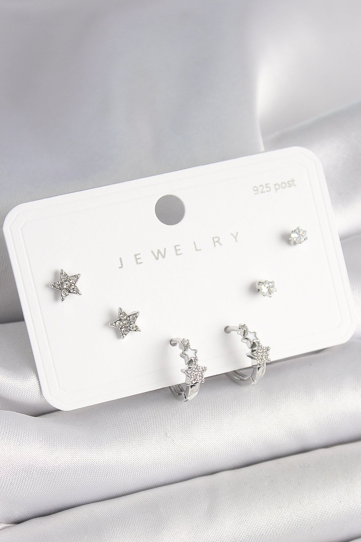 925 Ayar Gümüş Çivi Pirinç Gümüş Renk Zirkon Taşlı Yıldız Model Kadın Küpe Seti