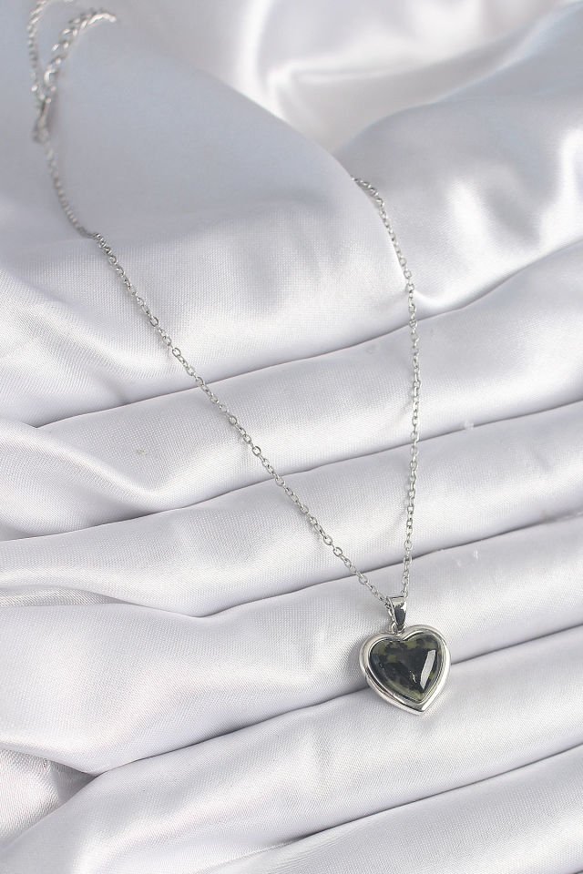 Gümüş Yeşil Mineli Kalp Kadın Kolye - 316L Çelik