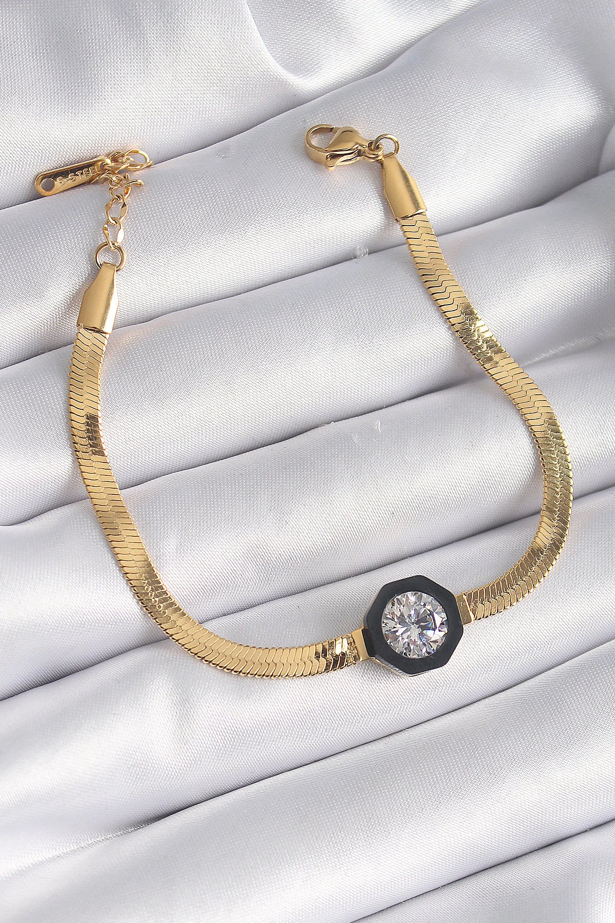 Gold Zirkon Taşlı İtalyan Zincir Kadın Bileklik - 316L Çelik