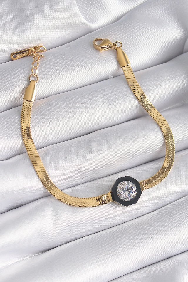 Gold Zirkon Taşlı İtalyan Zincir Kadın Bileklik - 316L Çelik