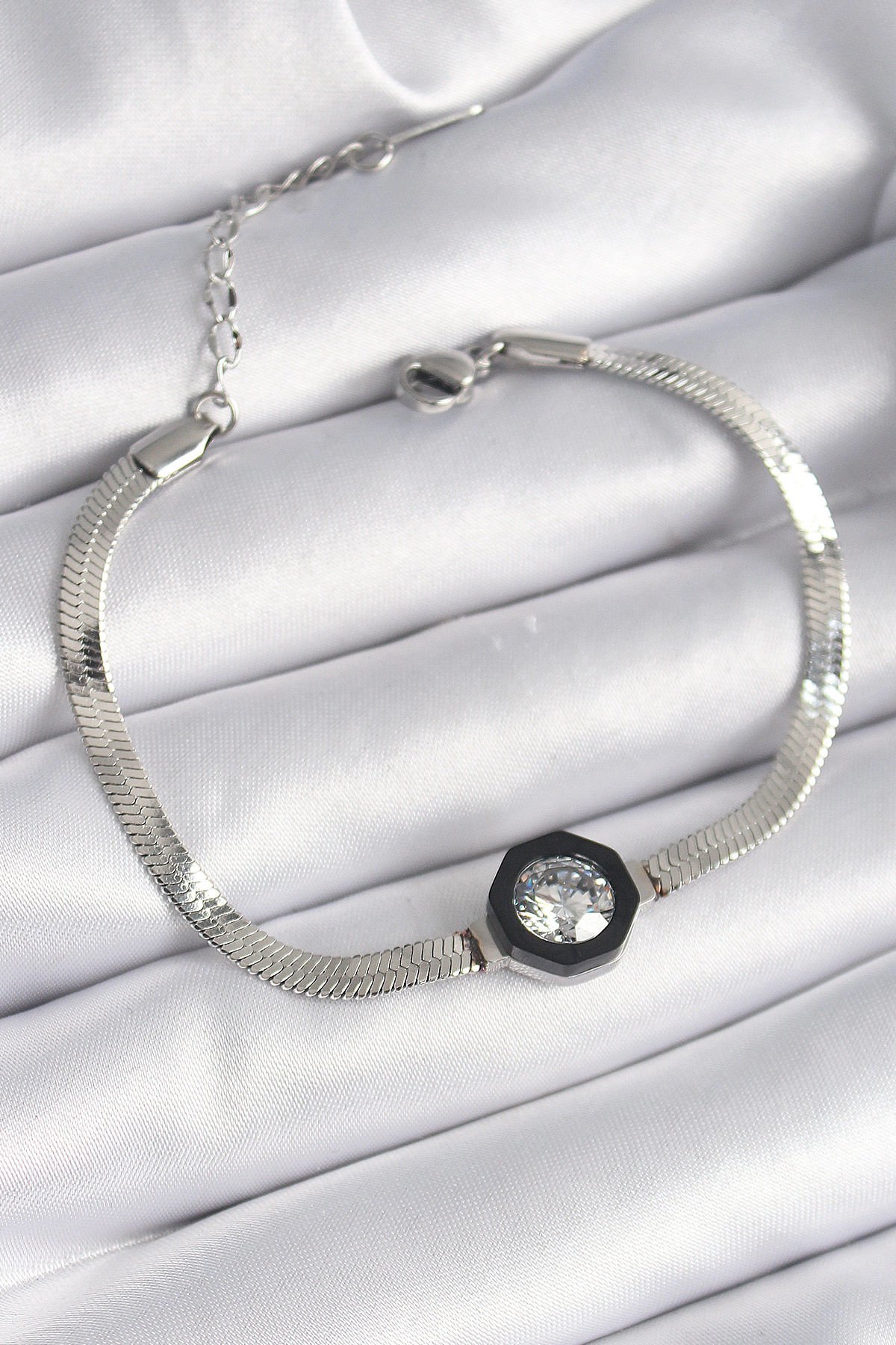 Gümüş Zirkon Taşlı İtalyan Zincir  Kadın Bileklik - 316L Çelik