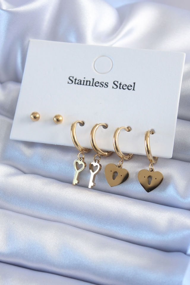 316L Çelik Gold Renk Kilit Kalp Model Kalp Anahtar Detay Kadın Küpe Seti
