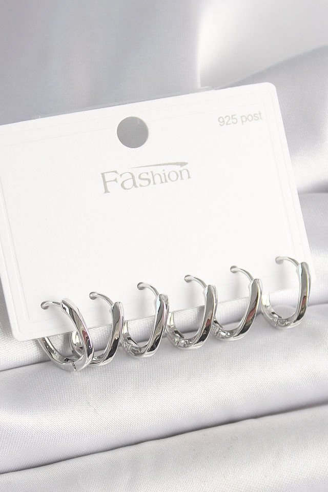 925 Ayar Gümüş Çivi Pirinç Oval Halka Model Kadın Küpe Seti