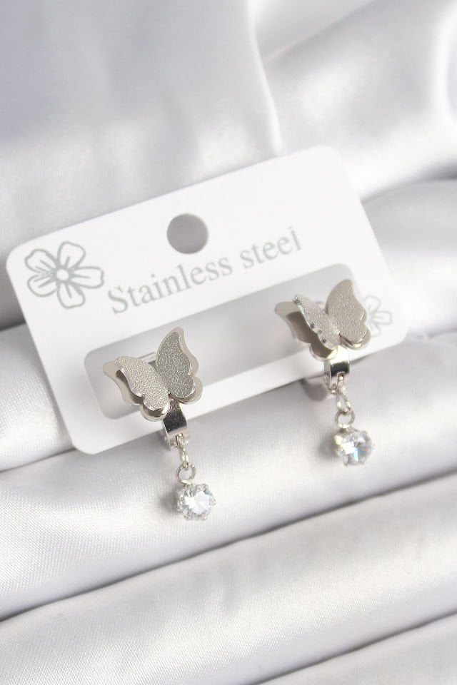 316L Çelik Gümüş Renk Sallantı Zirkon Taşlı Simli Kelebek Model Kadın Küpe