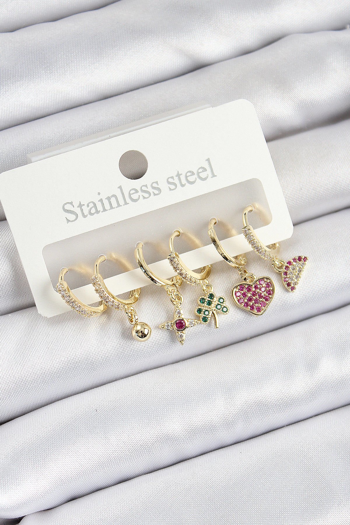 Pirinç Zirkon Taşlı Karpuz Yonca Kalp Pusula Karışık Model Gold Renk 6'lı Set Kadın Küpe