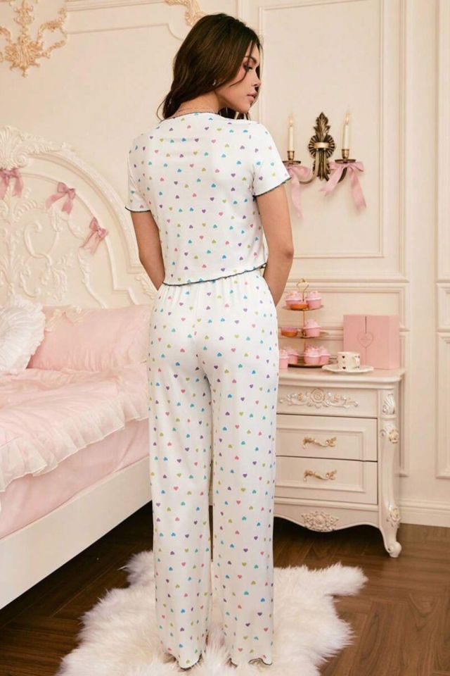 Bella Notte Çok Renkli Romantik Kalp Baskılı Fiyonklu Pijama Takımı 7331