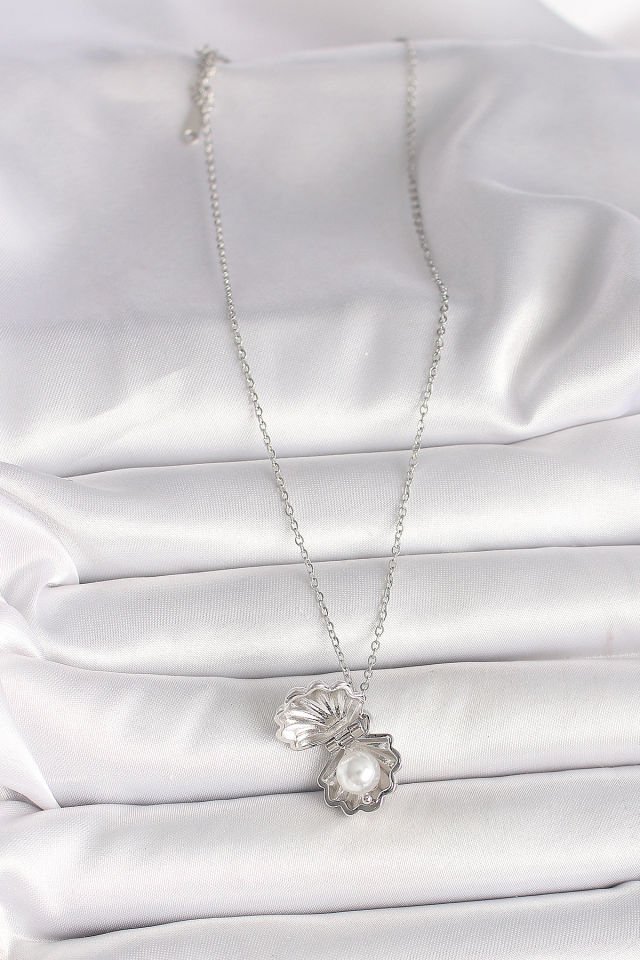 316L Çelik Gümüş Renk Zincir Açılır İncili Midye Model Kadın Kolye