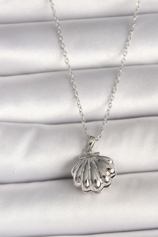 316L Çelik Gümüş Renk Zincir Açılır İncili Midye Model Kadın Kolye