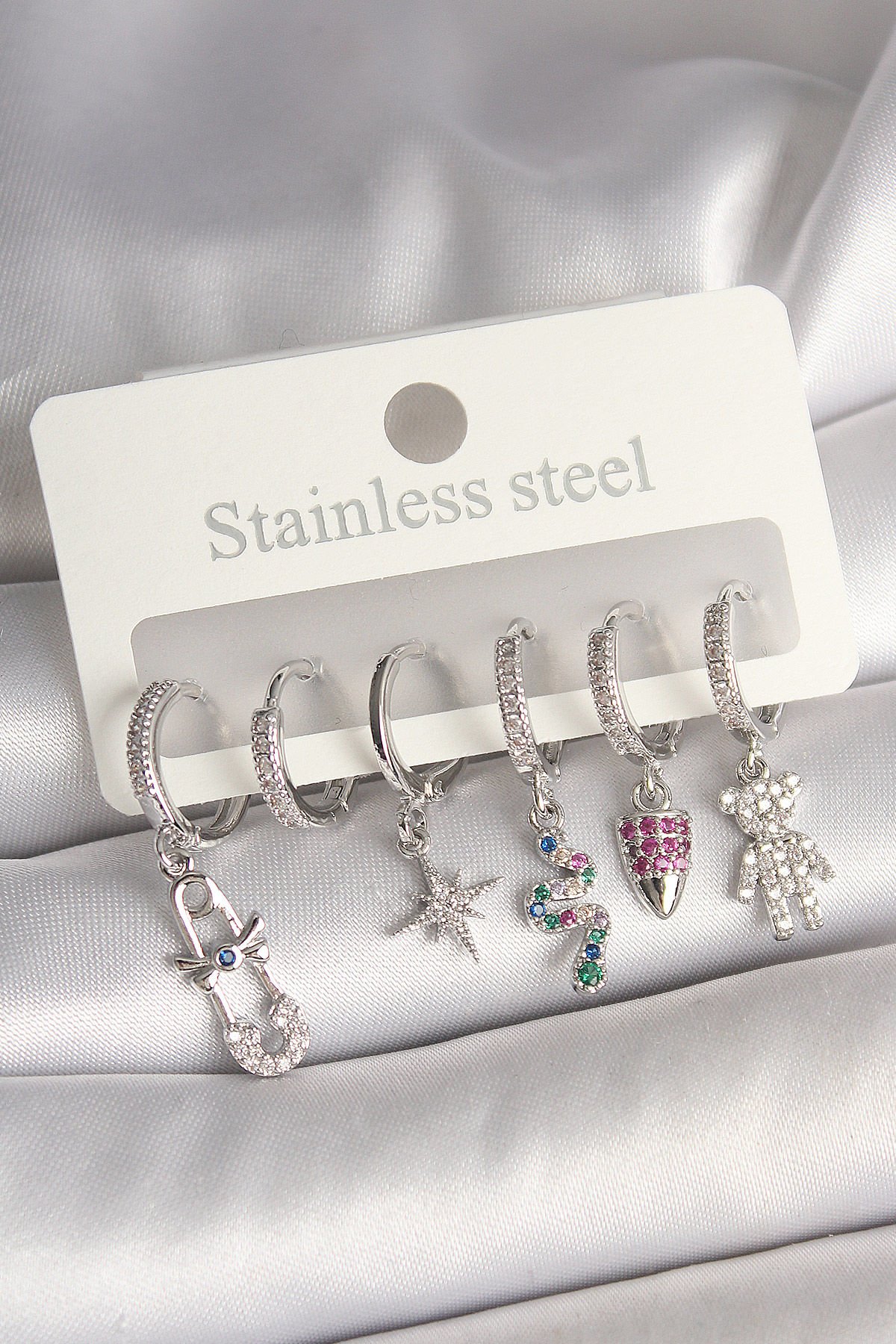 Pirinç Gümüş Renk Zirkon Taşlı Yılan Figür Kadın Küpe Seti