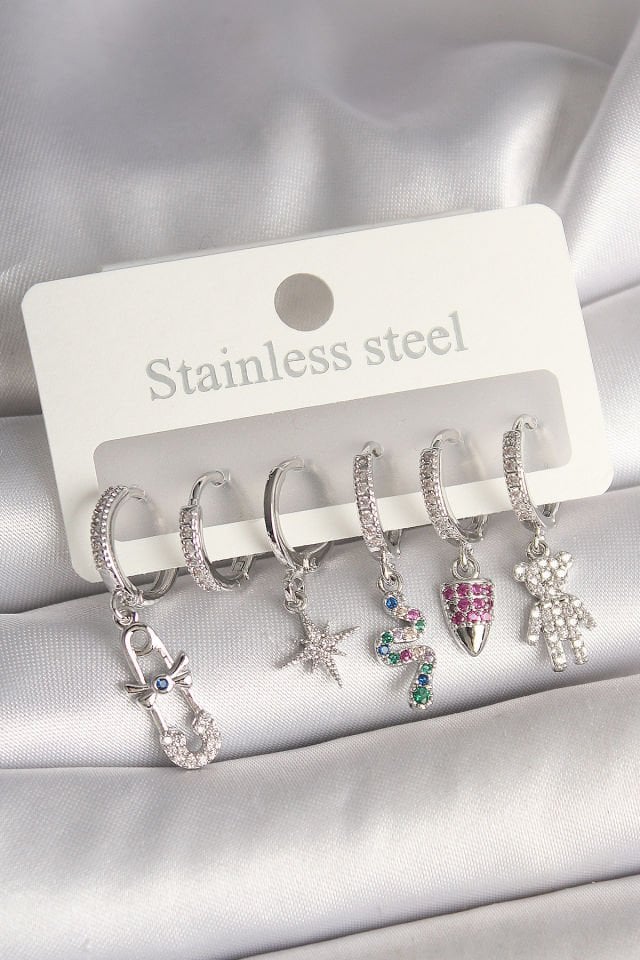 Pirinç Gümüş Renk Zirkon Taşlı Yılan Figür Kadın Küpe Seti