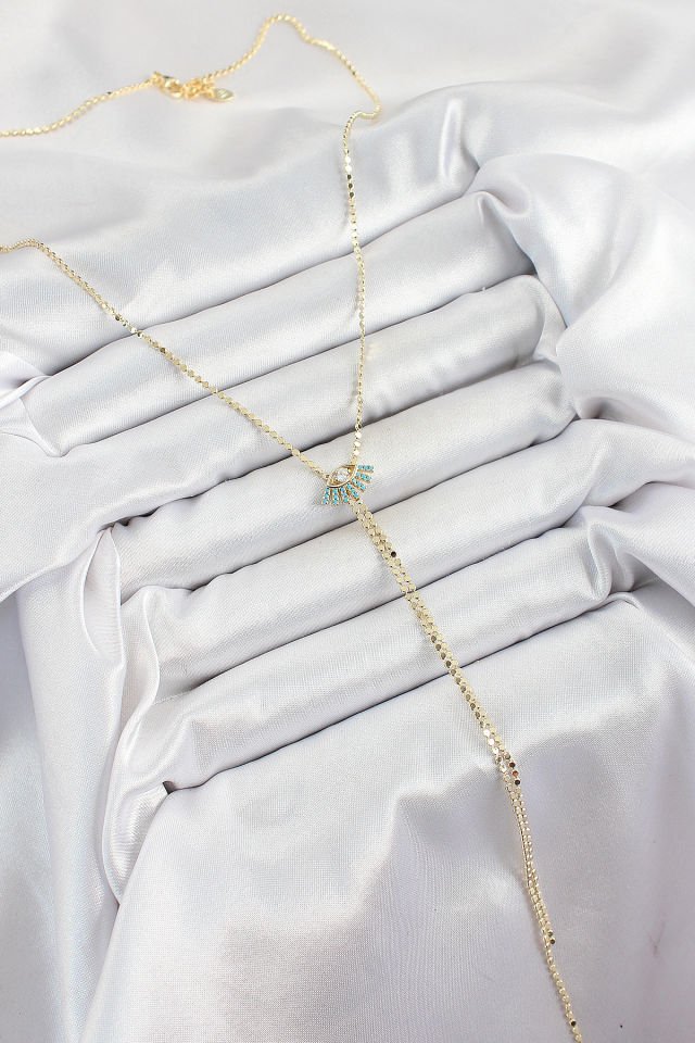 Pirinç Zirkon Taşlı Göz Figürlü Y Model Ezme Zincir Gold Renk Kadın Kolye