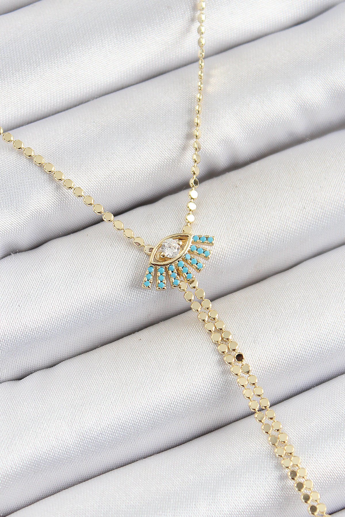 Pirinç Zirkon Taşlı Göz Figürlü Y Model Ezme Zincir Gold Renk Kadın Kolye