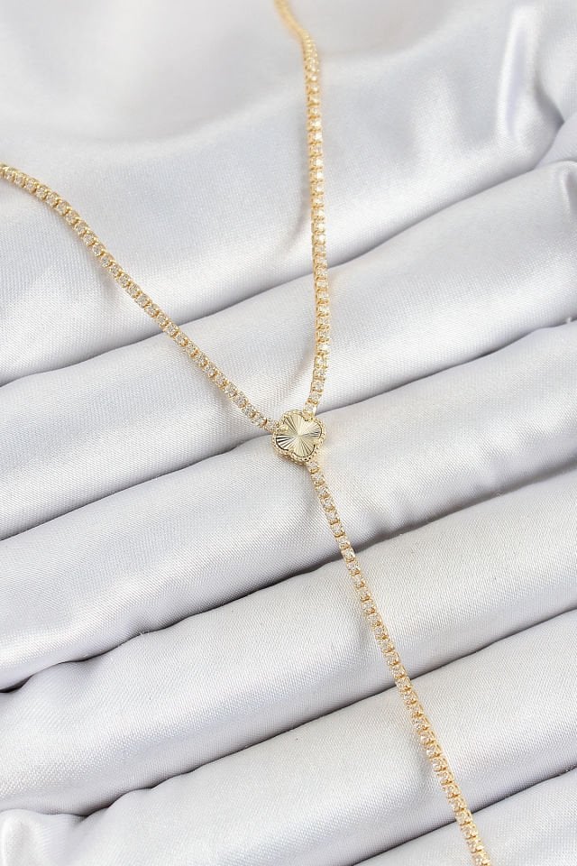 Pirinç Zirkon Taşlı Yonca Figürlü Y Model Gold Renk Kadın Kolye