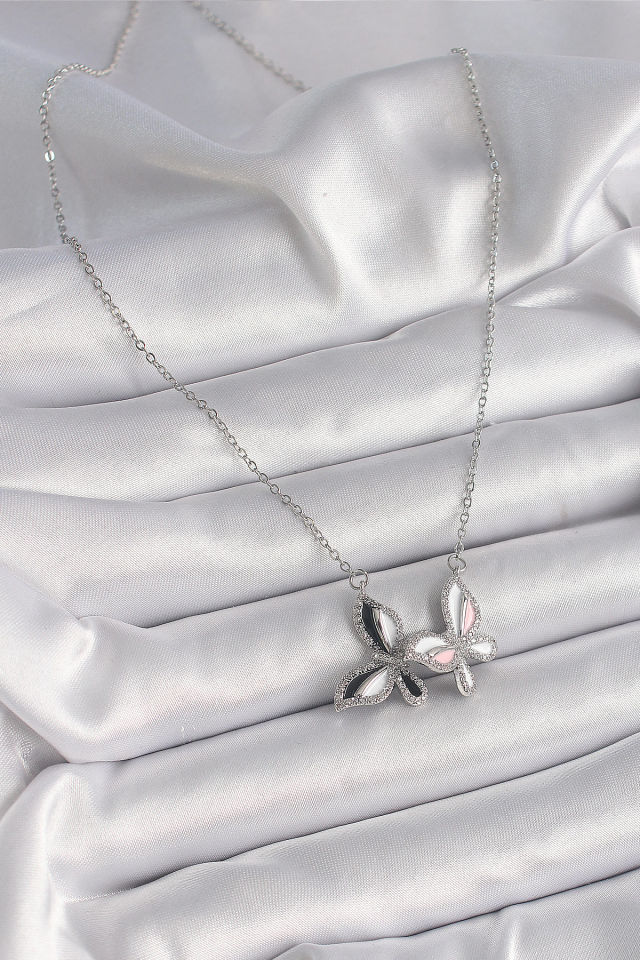 316L Çelik Gümüş Renk Zincir Zirkon Taşlı Renkli Kelebek Model Kadın Kolye