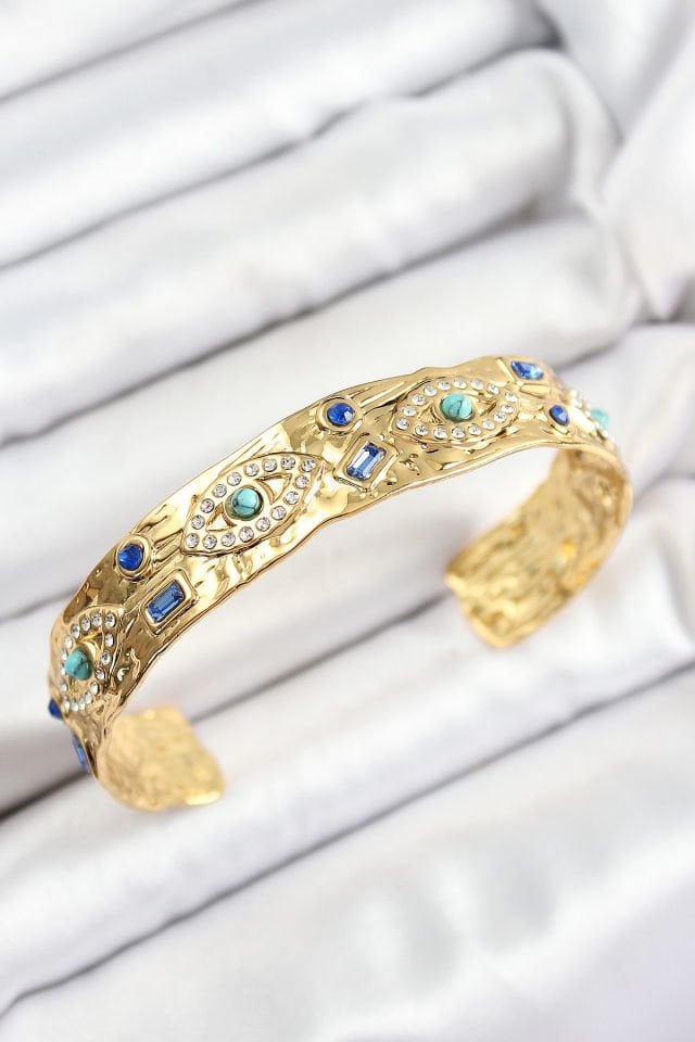 Pirinç Zirkon Taşlı Mavi Boncuklu Göz Model Gold Renk Altı Açık Kadın Bileklik