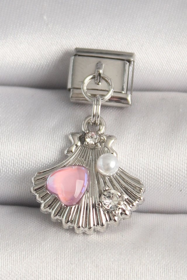 316L Çelik Gümüş Renk Zirkon Taşlı Pembe Mineli Kalp Detay Nomination Charm