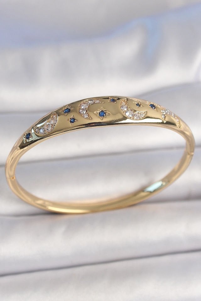 Pirinç Gold Renk Zirkon Taşlı Hilal İşleme Mavi Taşlı Yıldız Detay Kadın Kelepçe