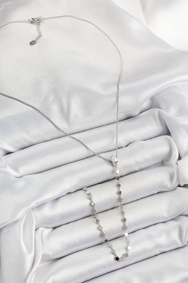 Pirinç Zirkon Taşlı Yıldız Figürlü Y Model Gümüş Renk Kadın Kolye