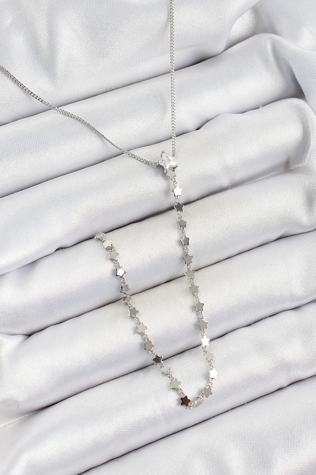 Pirinç Zirkon Taşlı Yıldız Figürlü Y Model Gümüş Renk Kadın Kolye