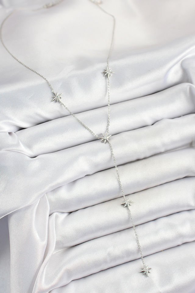 Pirinç Zirkon Taşlı Kutup Yıldız Figürlü Y Model Gümüş Renk Kadın Kolye