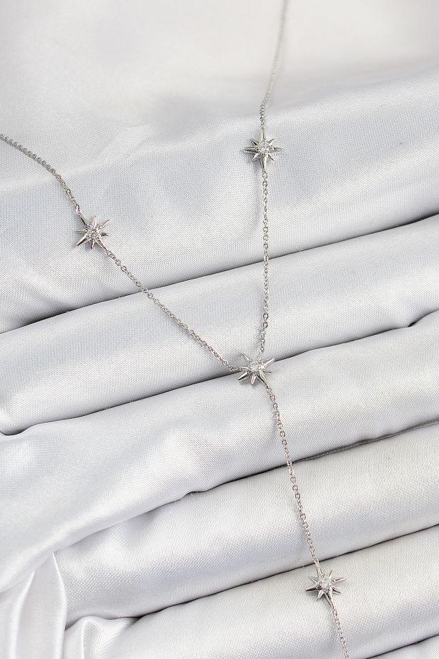 Pirinç Zirkon Taşlı Kutup Yıldız Figürlü Y Model Gümüş Renk Kadın Kolye