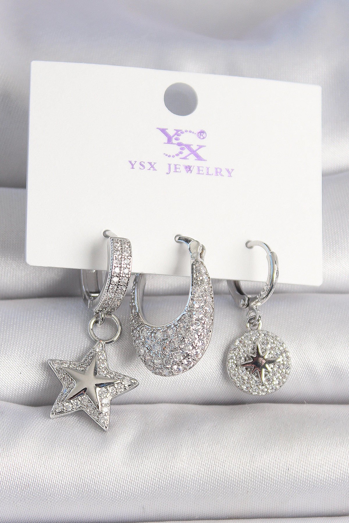 Pirinç Gümüş Renk Zirkon Taşlı Yıldız Model Kutup Yıldız İşleme Detay 3'Lü Kadın Kombin Küpe