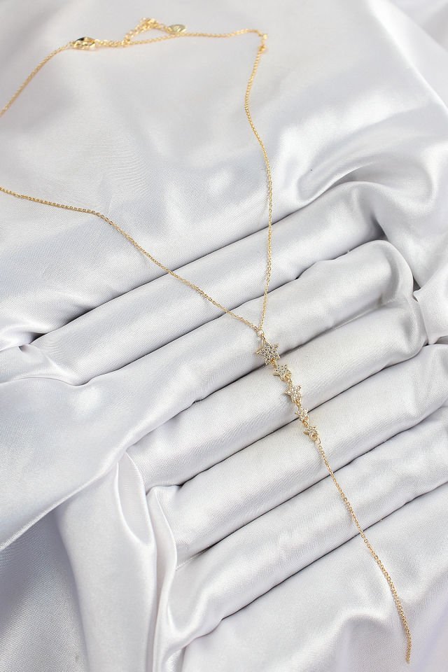 Pirinç Zirkon Taşlı Sıralı Yıldız Figürlü Y Model Gold Renk Kadın Kolye