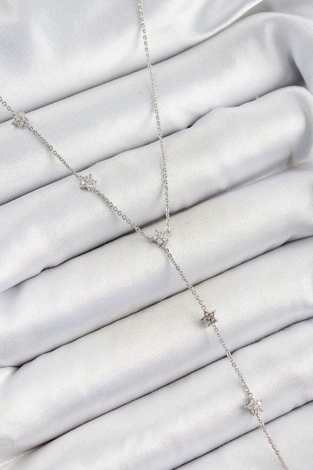 Pirinç Zirkon Taşlı Sıralı Yıldız Figürlü Y Model Gümüş Renk Kadın Kolye