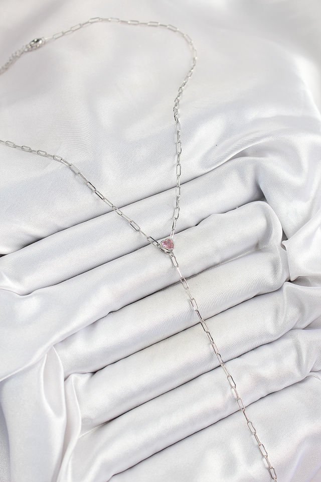 Pirinç Zirkon Taşlı Pembe Kalp Figürlü Y Model Gümüş Renk Kadın Kolye