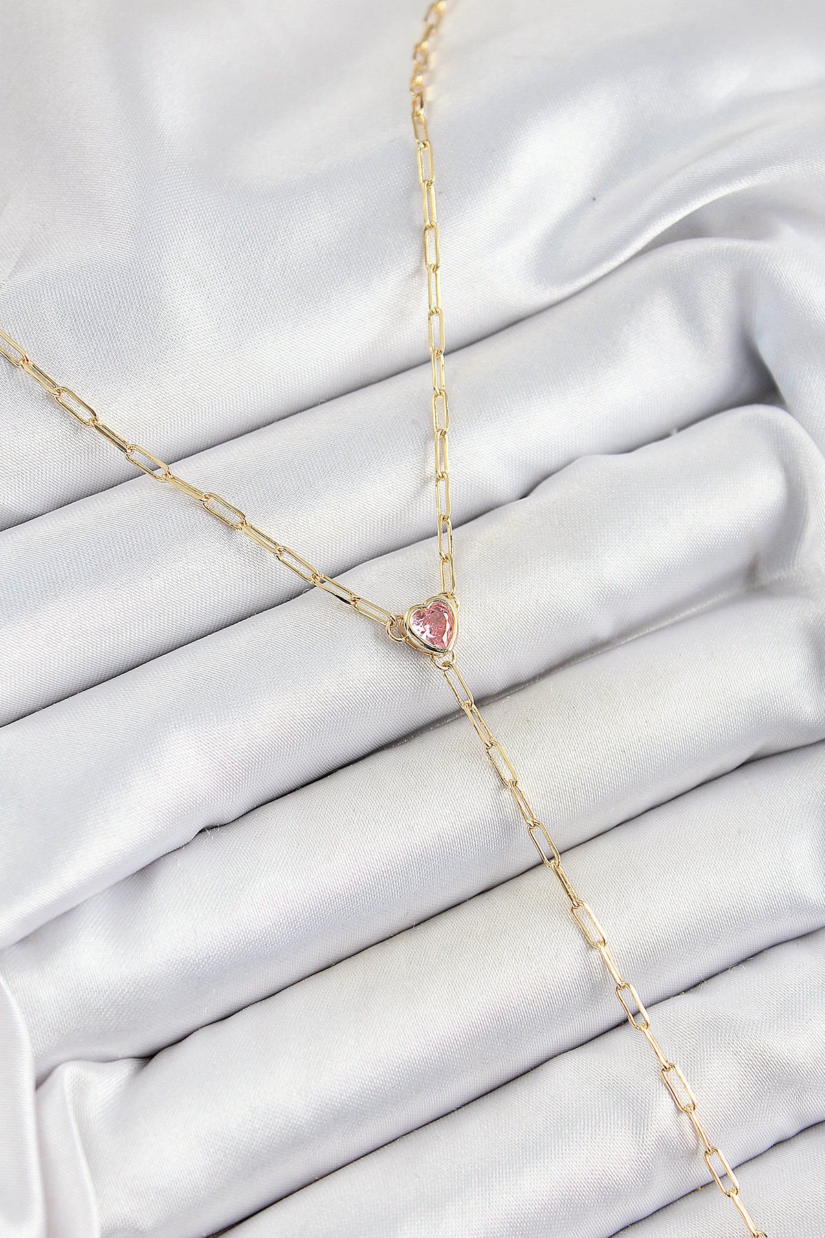 Pirinç Zirkon Taşlı Pembe Kalp Figürlü Y Model Gold Renk Kadın Kolye