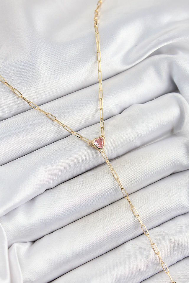 Pirinç Zirkon Taşlı Pembe Kalp Figürlü Y Model Gold Renk Kadın Kolye