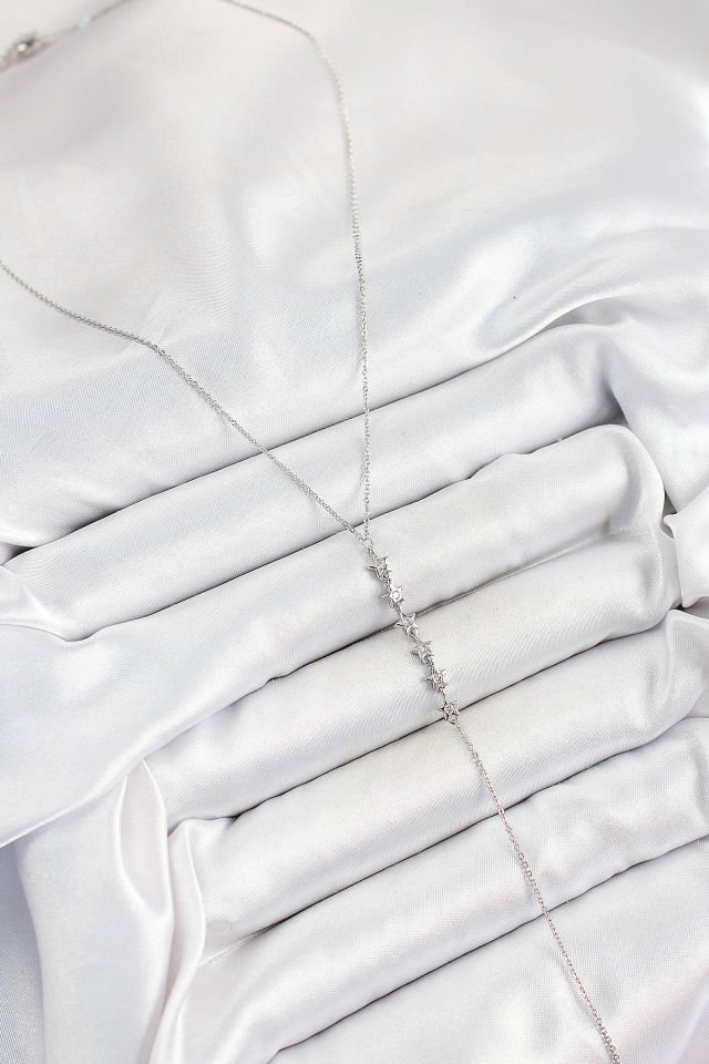 Pirinç Zirkon Taşlı Sıralı Yıldız Figürlü Y Model Gümüş Renk Kadın Kolye