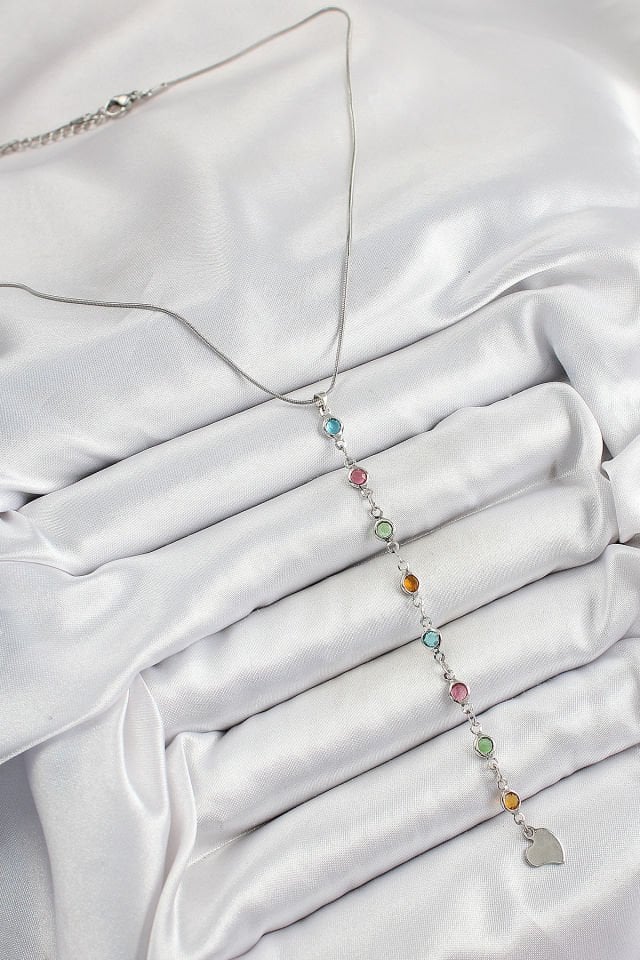 Pirinç Gümüş Renk Karışık Renk Zirkon Taşlı Y Kadın Kolye