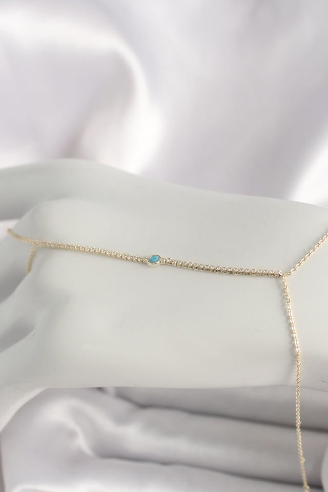 Pirinç Gold Renk Su Yolu Zirkon Taşlı Mavi Taş Detaylı Kadın Şahmeran