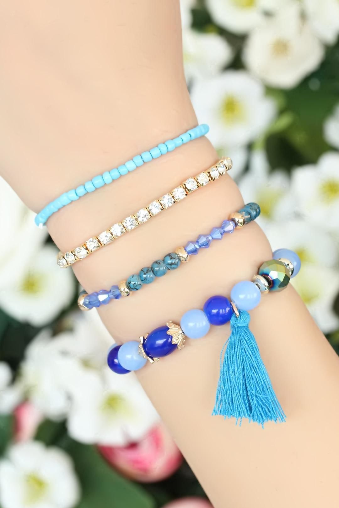 Mavi Boncuklu ve Püsküllü Bayan Çoklu Bileklik