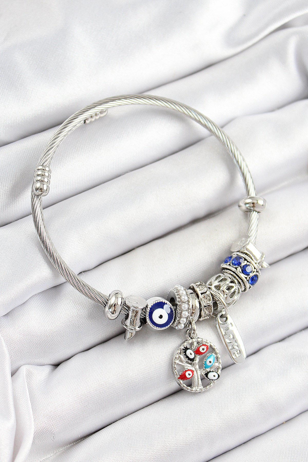 316L Çelik Lacivert Nazarlı Zirkon Taşlı İnci Detaylı Hayat Ağacı Model Gümüş Renk Charm Bileklik