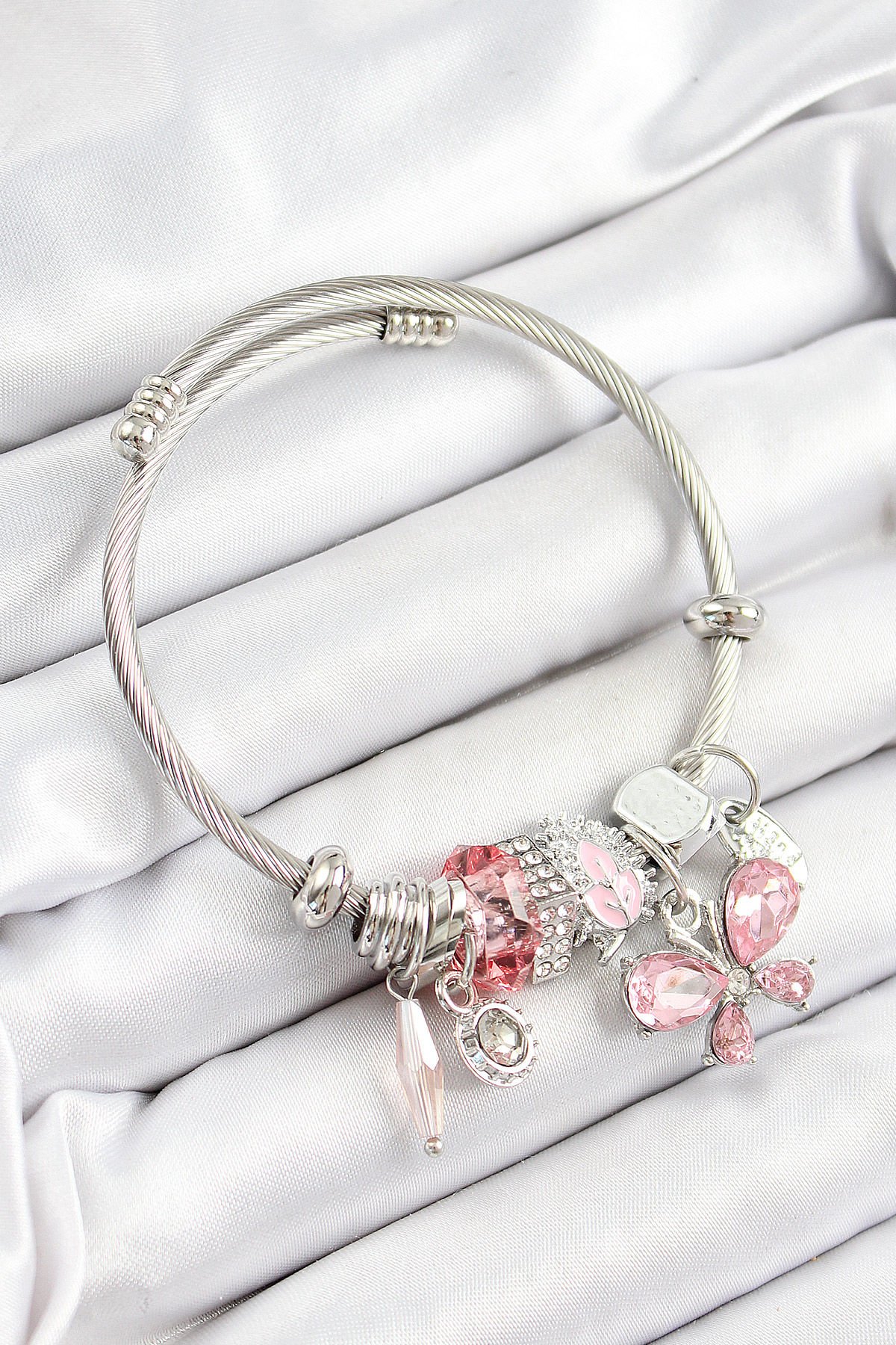 316L Çelik Pembe Zirkon Taşlı Kelebek Model Gümüş Renk Charm Bileklik