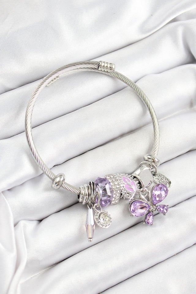 316L Çelik Mor Zirkon Taşlı Kelebek Model Gümüş Renk Charm Bileklik