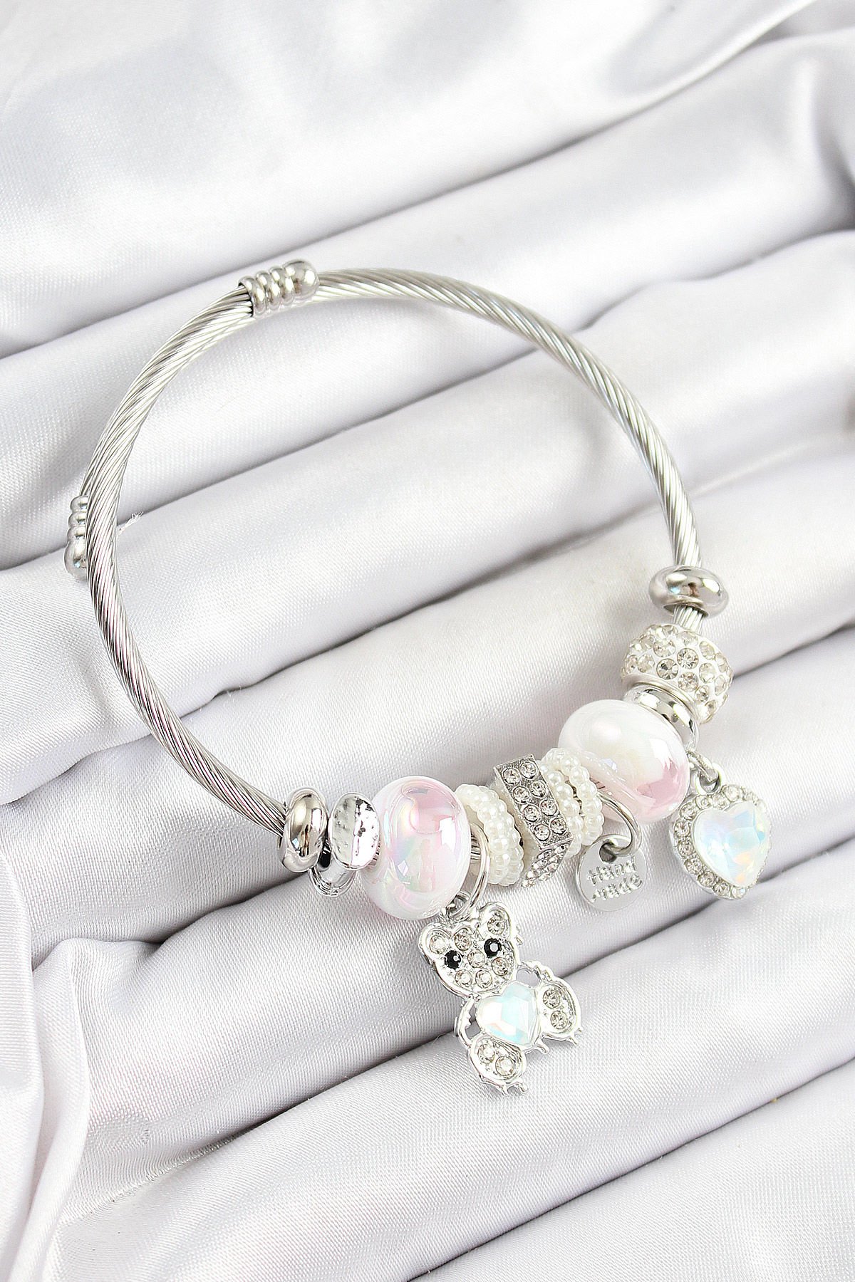 316L Çelik Beyaz Zirkon Taşlı Ayıcık Ve Kalp Model Gümüş Renk Charm Bileklik