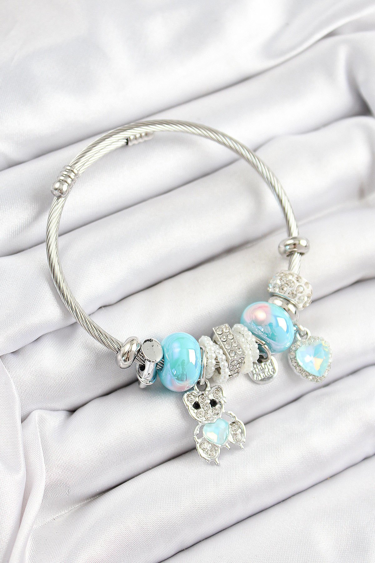 316L Çelik Mavi Zirkon Taşlı Ayıcık Ve Kalp Model Gümüş Renk Charm Bileklik