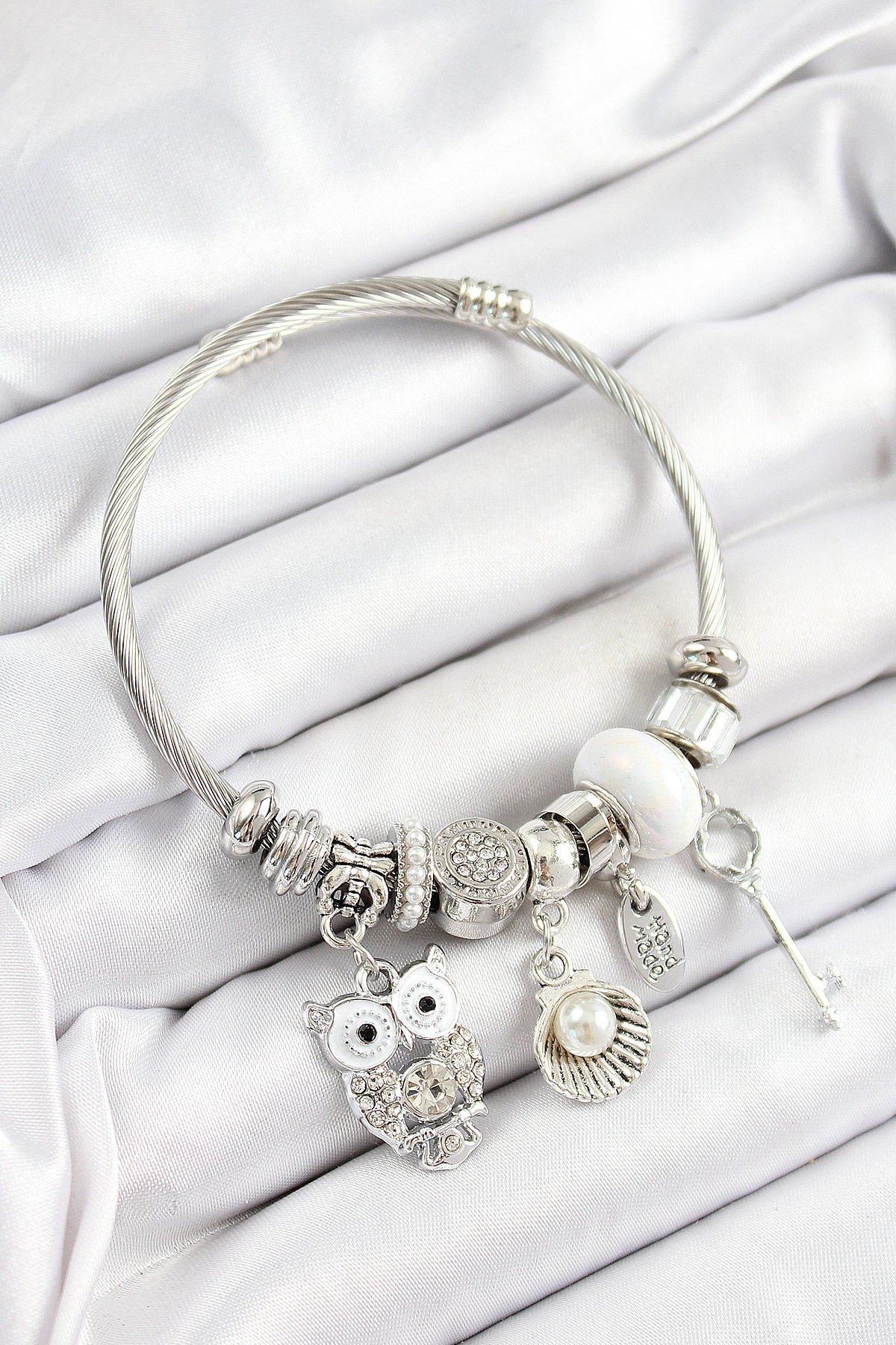 316L Çelik Beyaz Zirkon Taşlı Baykuş İstiridye Ve Anahtar Model Gümüş Renk Charm Bileklik