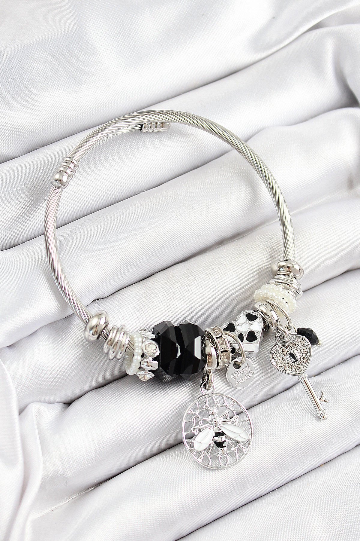 316L Çelik Siyah Zirkon Taşlı Baykuş Arı Ve Anahtar Model Gümüş Renk Charm Bileklik